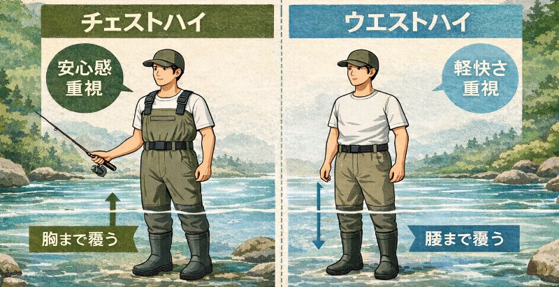 渓流ウェーダーの丈の長さ