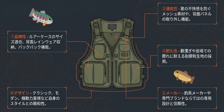 渓流ベストの選び方イラスト図