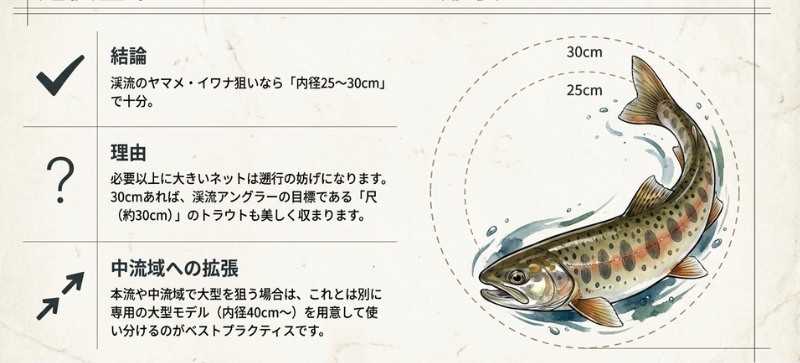 渓流釣り向きランディングネットのサイズを説明するイラスト